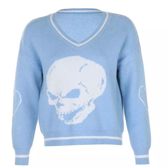 NEW Argyle Sweater Graphic Hearts Skulls Super Soft Knitted V Neck Sweaters - Picture 3 of 4